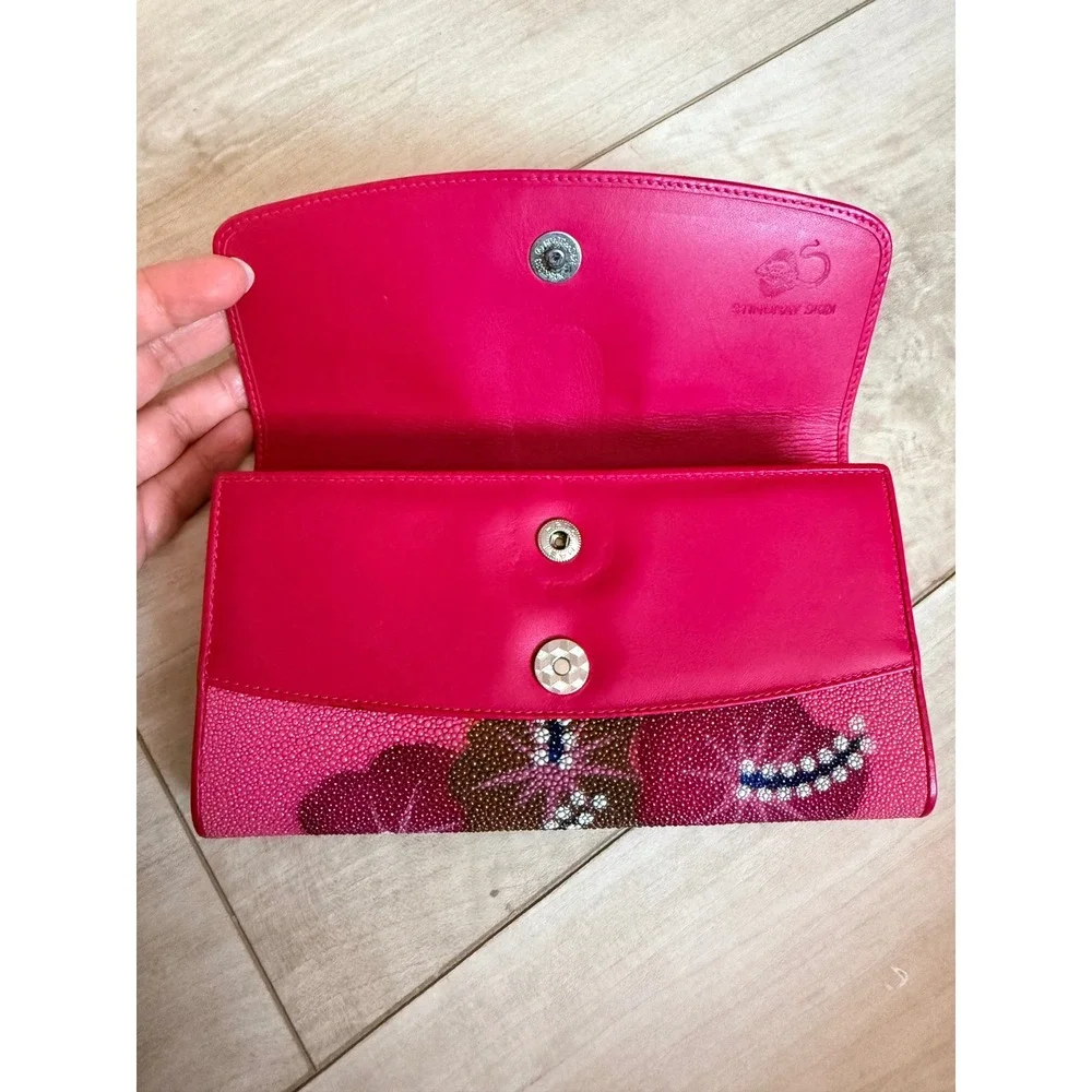 Genuine Stingray Skin Wallet Rare Hibiscus Pink Floral Design Made in Thailand